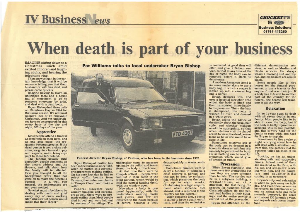 Newspaper article about undertaker Bryan Bishop and his funeral business