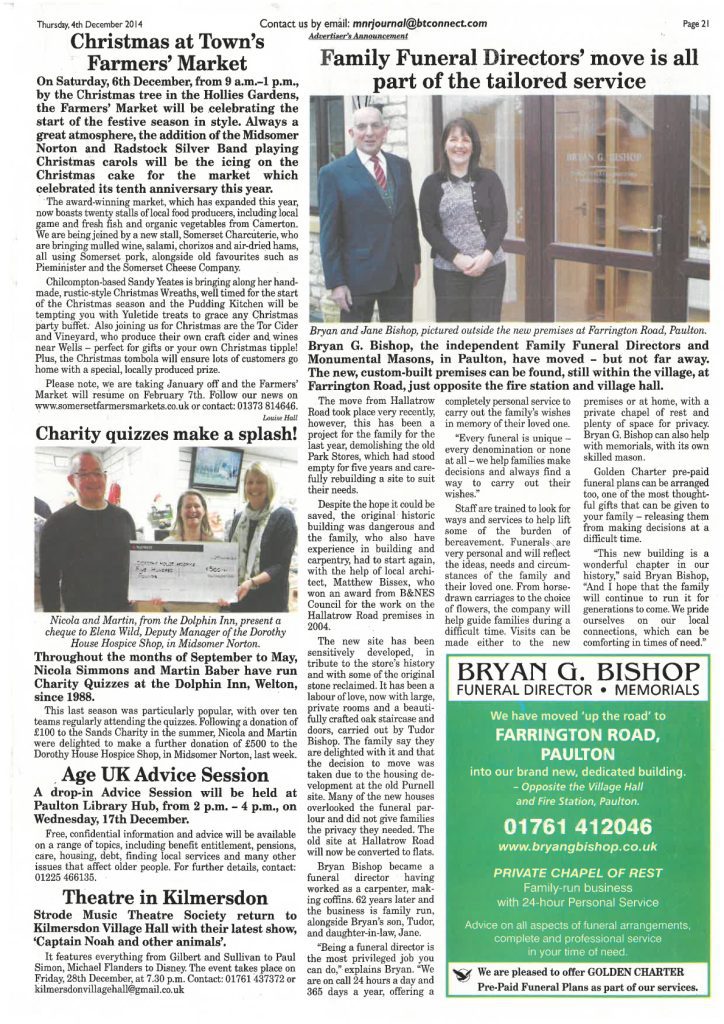 Newspaper article about Bryan G. Bishop Funeral Directors relocating to a new premises